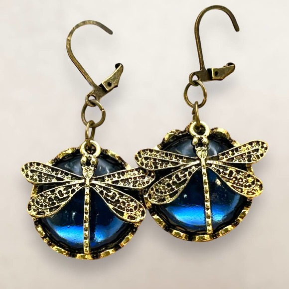 Unknown Jewelry - Dragonfly and Blue Sea Glass-Inspired Dangle Earrings Gold-Tone Vintage-Style